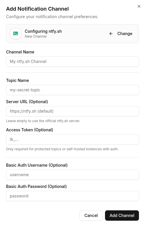 Ntfy channel configuration